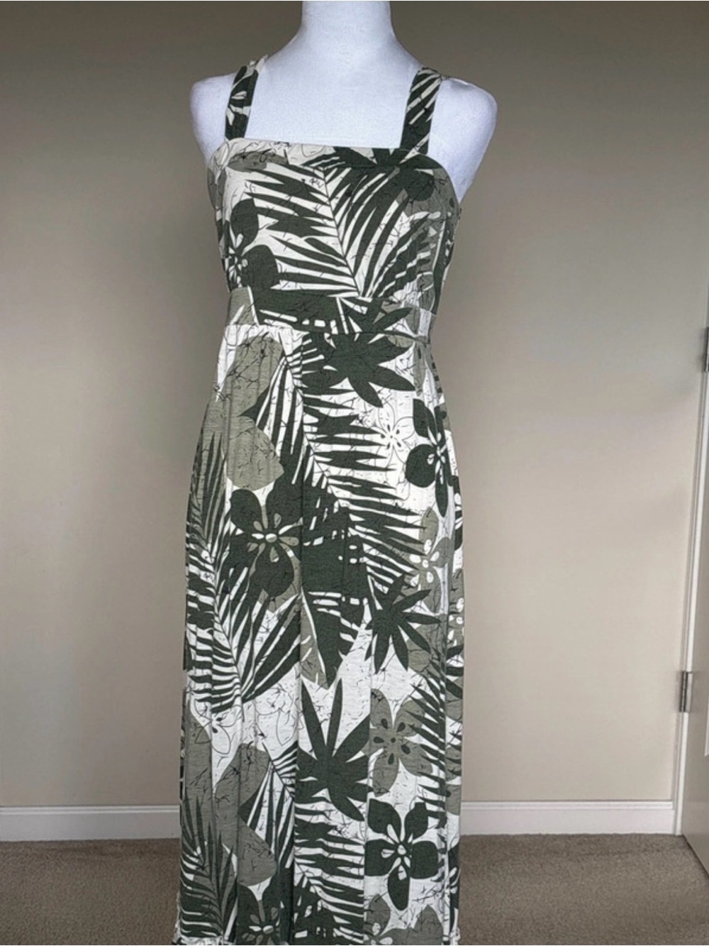 Lena Olive and White Tropical Print Maxi Dress